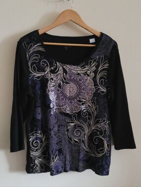 Zenergy by Chico's Scrollwork Cotton Scoopneck Top, Women's L, Black & Purple